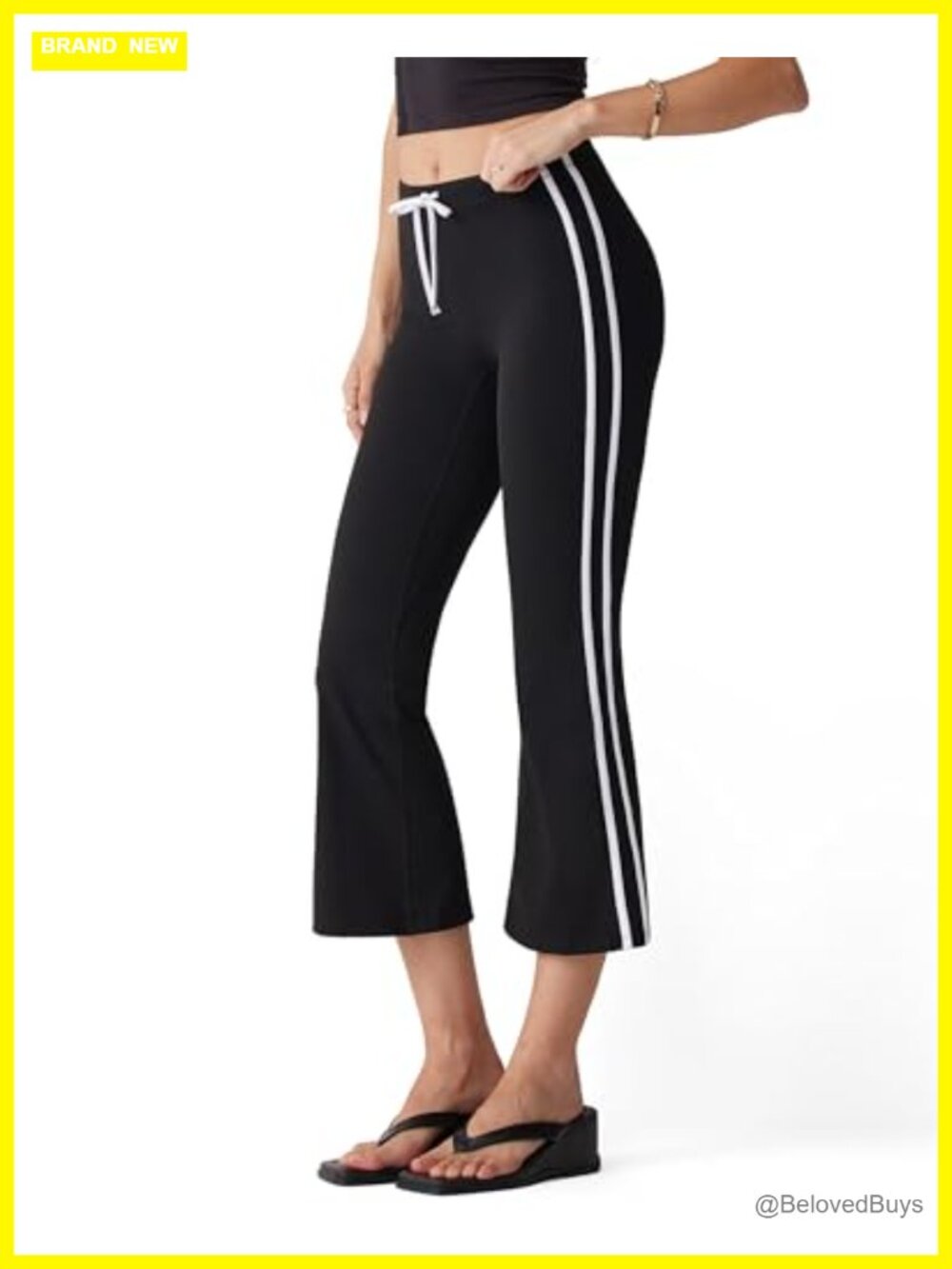 High Waisted Flare Capri Yoga Pants Side Stripe Drawstring Cropped Leggings